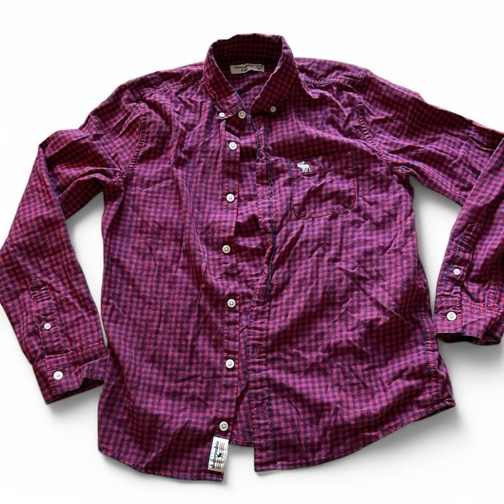 Abercrombie Kids Button Long Sleeve Shirt, Size 15/16, Gingham Check, Navy/Red